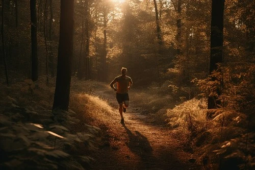 Man running in forest