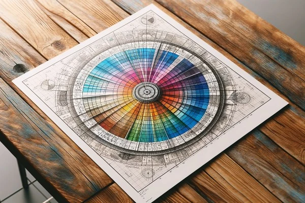 Detailed percentage diagram on paper showing a vibrant color wheel with various hues and an intricate pattern of scales and numbers.