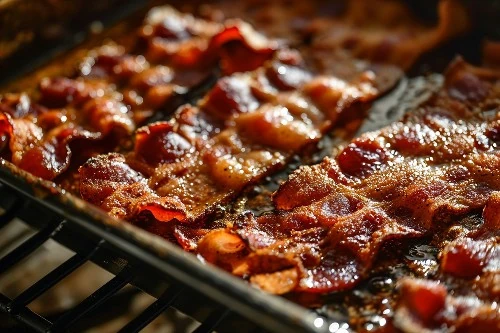 Crispy bacon strips sizzling on a baking tray in the oven.