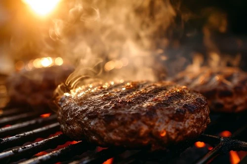 Juicy hamburger patty sizzling on a grill with smoke rising against a warm sunset glow.