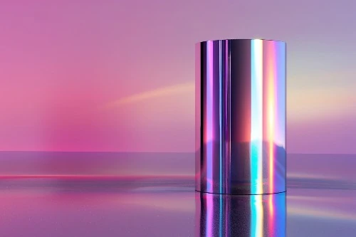 A perfect cylinder with a high-gloss, reflective surface in shades of pink and purple stands on a mirrored floor with a soft light in the background.