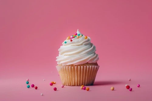 Vaniljecupcake med hvit svinget glasur og fargerike strøssel på en rosa bakgrunn.