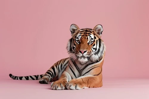 A majestic tiger with vivid orange and black stripes lying down against a soft pink background.