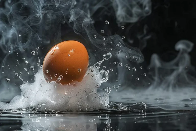 A brown egg being boiled, with bubbles and steam rising around it in dark surroundings.