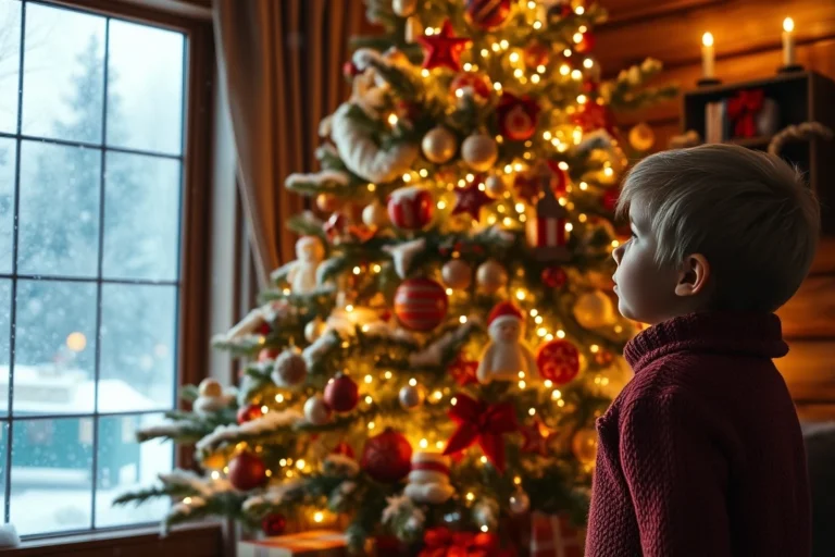 Et lite barn med blondt hår ser på et lyst opplyst og dekorert juletre inne i en koselig trehytte mens snøen faller utenfor vinduet.