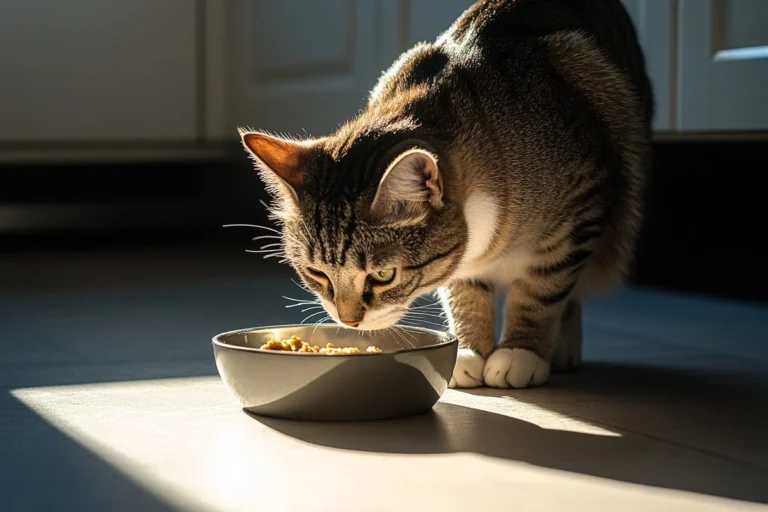 En stripet katt spiser fra en grå bolle i et solfylt kjøkken.