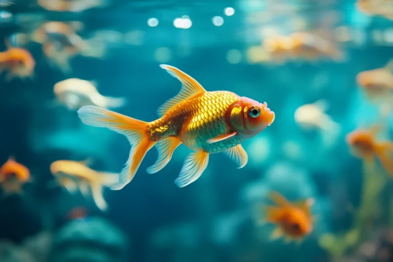 A vibrant goldfish swimming in a clear aquarium. The fish's orange and gold scales are illuminated by the light, with delicate fins gracefully extended. The background is softly blurred, filled with other fish and a bluish aquatic environment.