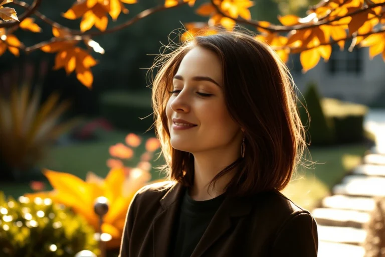 A woman with closed eyes and a serene smile, standing outdoors in soft sunlight with autumn leaves around her, conveying a sense of calm and healthy well-being.