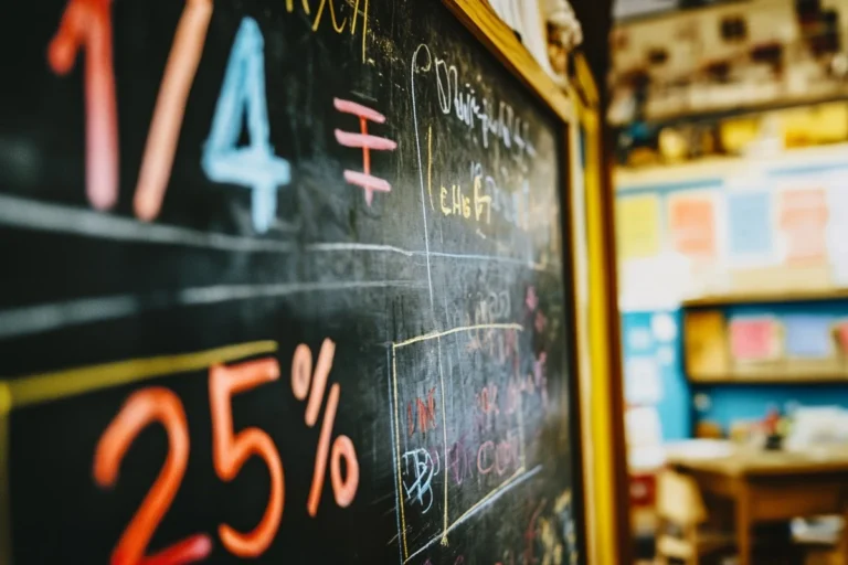 A classroom chalkboard with colorful fractions and percentages written in chalk, including "1/4" and "25%." The background shows a blurry classroom setting.