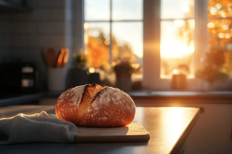 Ferskt brød på kjøkkenbenken med morgenlys.