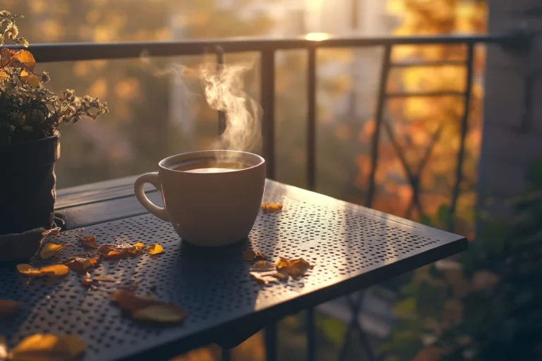 Dampende kaffekopp på høstlig terrassebord.