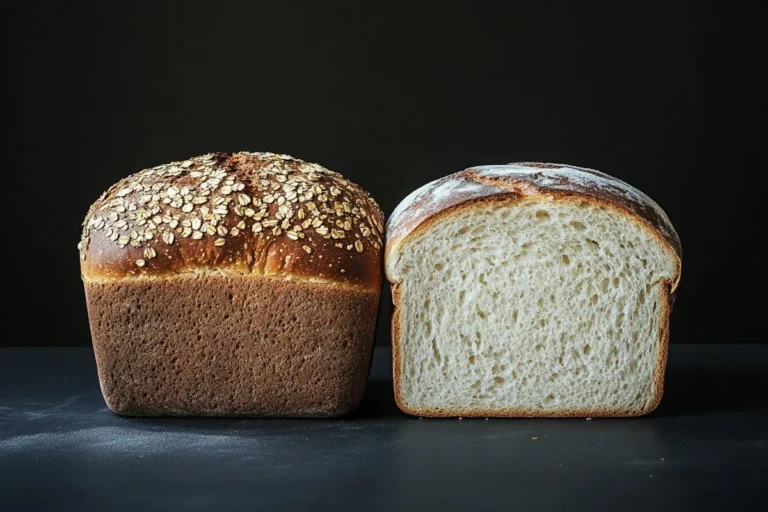 Two loaves of bread, one dark with oats and one lighter with a dusting of flour, placed on a dark surface.