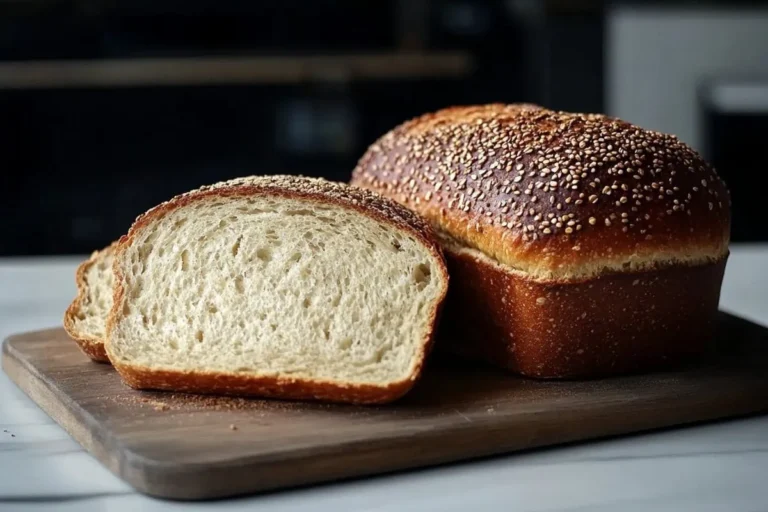 Two loaves of sesame-seeded bread on wooden board.