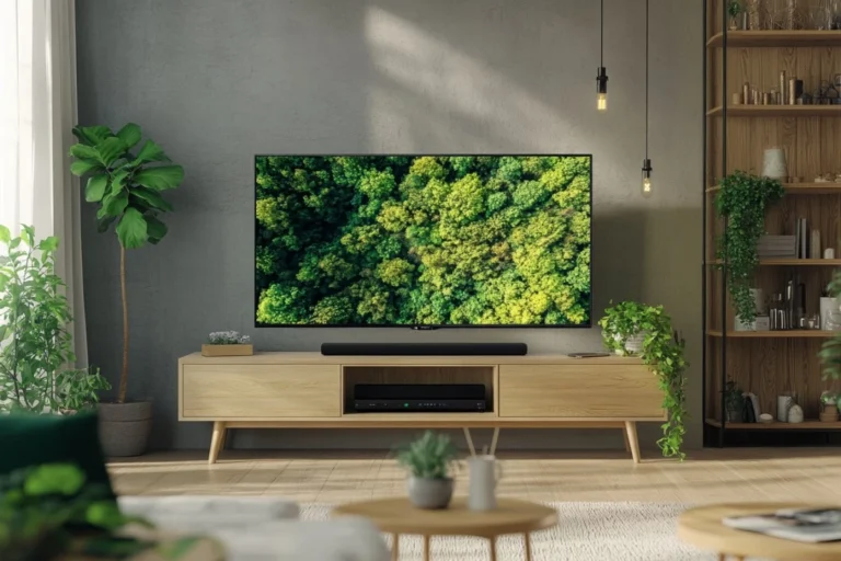 A modern living room with a flat-screen TV displaying a lush green forest, placed on a light wood console, surrounded by plants and cozy decor.