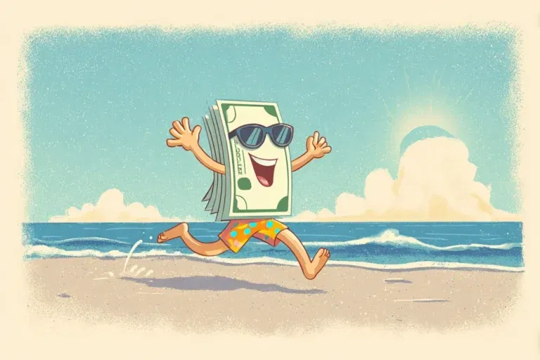 Illustrasjon av en stabel med pengesedler med solbriller og badebukse som løper lykkelig på en strand, med hav og sol i bakgrunnen.