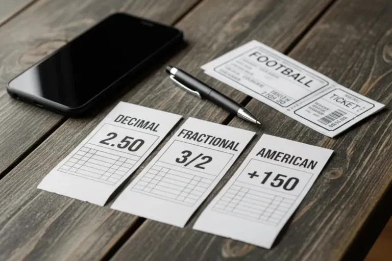 A wooden table displaying three sports betting slips side-by-side. Each slip shows an equivalent odd in a different format: 'DECIMAL 2.50', 'FRACTIONAL 3/2', and 'AMERICAN +150'. A smartphone, a pen, and a football ticket lie next to the slips.