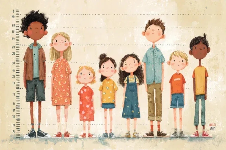 A group of children of varying heights standing side by side in front of a height chart background, illustrating the concept of average height.