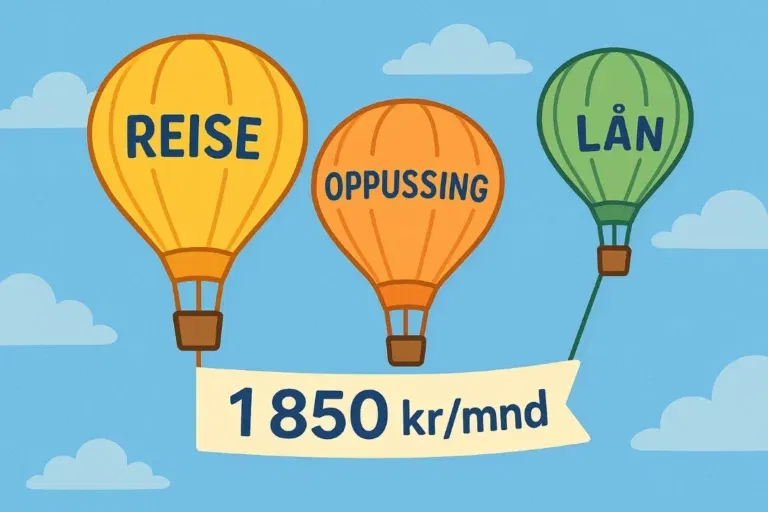 Tre luftballonger med tekstene 'Reise', 'Oppussing' og 'Lån' svever i en blå himmel med skyer. Under henger et banner med teksten '1 850 kr/mnd'.