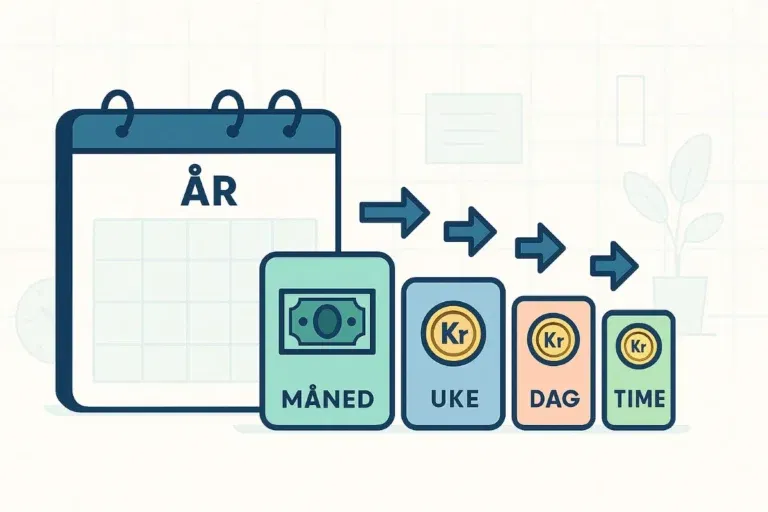 Illustrasjon av en stor kalender merket «ÅR» som leder via piler til mindre blokker med teksten «MÅNED», «UKE», «DAG» og «TIME». Hver blokk inneholder et symbol for norske kroner, og illustrasjonen viser visuelt hvordan lønn fordeles over tid. Stilen er flat, moderne og oversiktlig.
