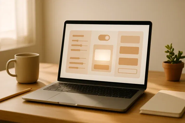 Warm minimalist desk with a modern laptop on a wooden surface. The screen shows an abstract interface with glowing shapes, sliders, and a toggle switch above a highlighted box, but no readable text. A ceramic mug, pencil, closed notebook, and small plant decorate the scene. Soft daylight from the left creates gentle shadows in a clean, uncluttered workspace.